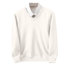 Men's Fashionable Tops Fall Winter Trendy Solid Color Pullover V-Neck Knitted Long Sleeved Slim Sweaters Suitable for Daily Wear(White,2XL)