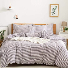 100% Natural Cotton Striped Duvet Cover Set (Twin), White & Purple, Zipper + Corner Ties