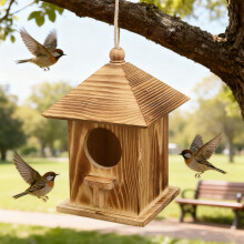 Hrănitoare pentru păsări din lemn, pentru exterior, cu finisaj ars, decor rustic din lemn masiv pentru colivie, ornament suspendat pentru
