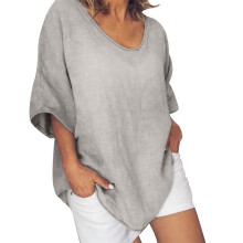 QLEICOM Dame Plus Size Sommertoppe, Afslappet Løs T-shirt i Bomuld og Hør, O-hals Kortærmet Pulloverbluse, Khaki4XL