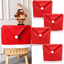 Christmas Chair Covers Set of 4, Red Flannel with Santa Hat