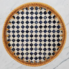 Caro wicker round serving tray with mother of pearl 11.8