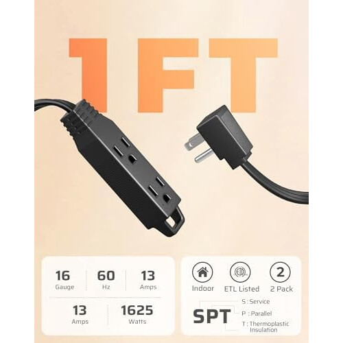Καλώδιο προέκτασης επίπεδης πρίζας, 1FT16/3AWG, 2 τεμάχια, πολύπριζο 3 πριζών, SPT-3, με 1