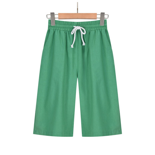Bermuda feminina de verão, cor sólida, cinco pontos, algodão e linho, verde. 1