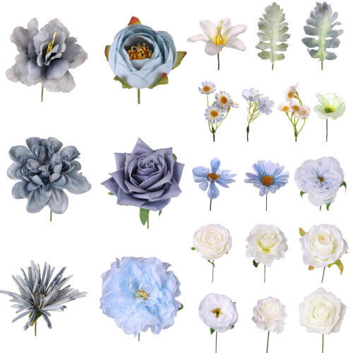Flores artificiais de seda azul, dálias e rosas com hastes (24) 1