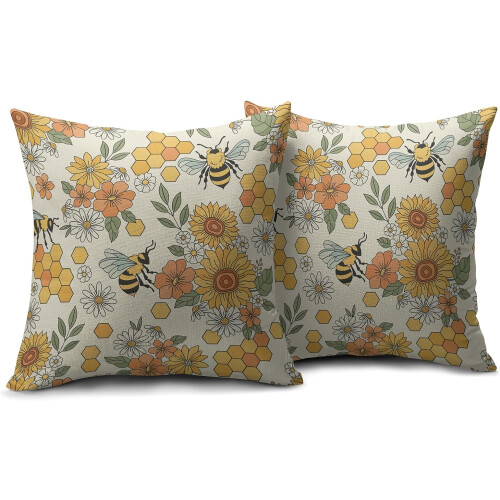 Μαξιλαροθήκες Bumble Bee 18x18, Σετ 2 τεμαχίων, Ηλίανθος Μαργαρίτα Λουλούδι Κηρήθρα, 1