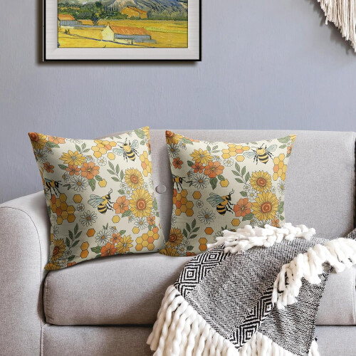 Μαξιλαροθήκες Bumble Bee 18x18, Σετ 2 τεμαχίων, Ηλίανθος Μαργαρίτα Λουλούδι Κηρήθρα, 2