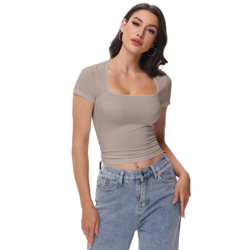 Γυναικεία Μπλούζα με Τετράγωνη Λαιμόκοψη και Σέξι Στενή Γραμμή, Κοντομάνικα,