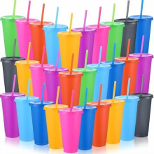 30-Pack 24-27 oz Reusable Plastic Tumblers with Lid & Straw