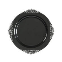 BalsaCircle plastic charger plates black silver baroque rim