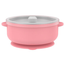 1 Bol con ventosa, de acero inoxidable 304, con tapa y base de silicona, 14 cm x 5,3 cm, rosa.