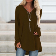 Blusa feminina YOUSNH de manga comprida, corte irregular, estilo moletom, com estampa, modelagem solta, modelo pullover, cor café (2024). Tamanho P.