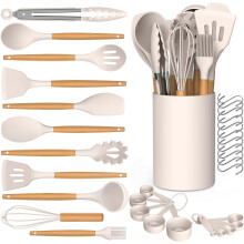24 deler silikon kjøkkenredskaper med trehåndtak, varmebestandig opptil 240 C, BPA-fri, kompatibel med non-stick kokekar