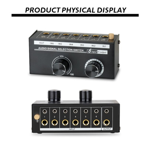Audio Switcher -6-Way 3.5/6.35mm Stereo Audio  - Signal Source Switcher Selector Splitter Box with  Controller 1
