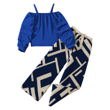 Girl's 2 Piece Outfits Kids Fashion Long Sleeve Cold Shoulder Tops Elastic Waist Pants Set Summer Shorts Sets 8-13Years(Blue,10-11 Years)