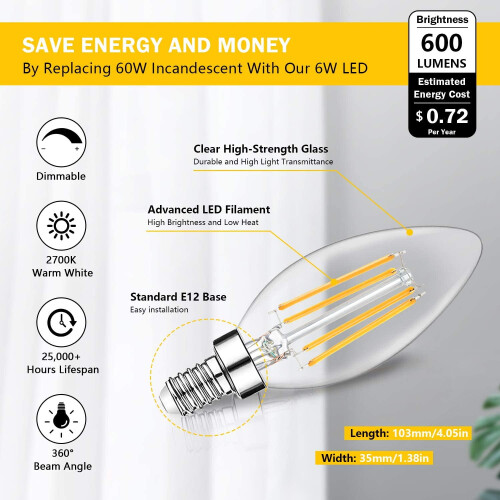 Dimbara E12LED-ljusstakelampor 6W 2700K 12-pack 1