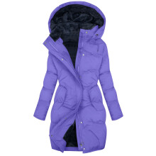 Damen-Steppjacke mit Kapuze, Übergröße, wasserdichter langer Parka mit Taschen, gesteppte Winterjacke, Lila, XXXXL