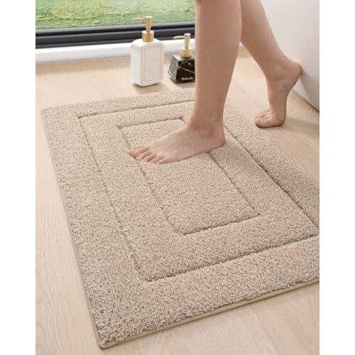 Bathroom Rug 32x20 in Beige Microfiber with Non-Slip Rubber