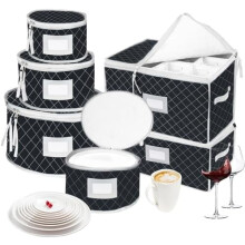 Stackable Quilted Dish & Stemware Storage Set of 6 – Clear Window, Dividers, Handles, Compatible with Cups/Plates/Wine Glasses (Black)
