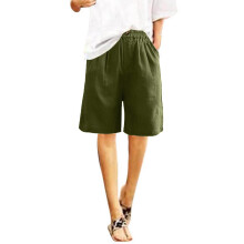 Bermudashorts for kvinner Halvshorts Bukser Sommer Elastisk midje Knapper Avslappet Lin Lommer Bukser S-3XL