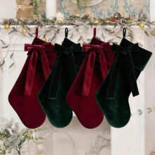4er-Set Samt-Weihnachtsstrümpfe mit dekorativer Schleife, luxuriöse Samtstrümpfe für den Kaminsims, elegante Festtagsdekoration