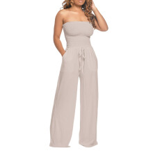 Macacão feminino casual, cor sólida, sem alças, modelagem solta, pernas largas, cordão na cintura, com bolsos, caimento relaxado, confortável
