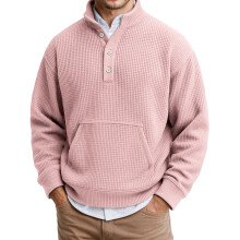 Sweat-shirt homme en velours côtelé à manches longues, couleur unie, style décontracté avec boutons, automne-hiver