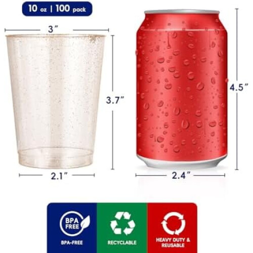 Συσκευασία 100 χρυσών πλαστικών ποτηριών 9oz με γκλίτερ 2
