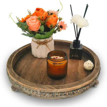 Plateau décoratif rond en bois, plateau perlé de 30 cm (12 po) pour cuisine, table basse, salon, entrée, mariage/Pâques/Thanksgiving — Marron