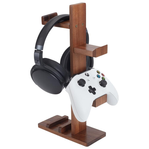 Controller-Halterung aus Holz mit Kopfhörerständer, braun