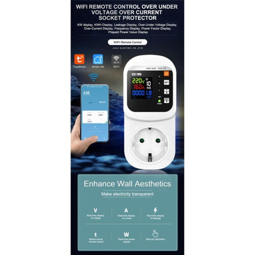 Tuya WiFi  Socket Voltage & Current Protector Stabilizer Multifunctional Power  Meter Plugue UE 2