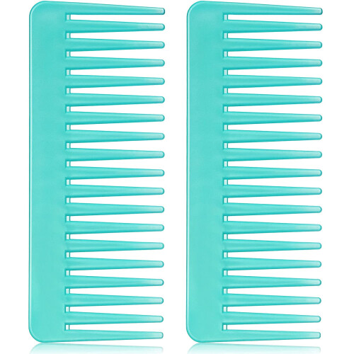 Pente de dentes largos e grande para desembaraçar cabelos cacheados, molhados e secos, sem cabo (ciano)