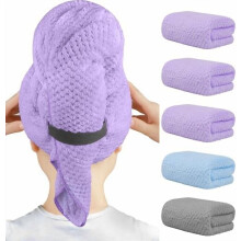 5-pack mikrofiberhårbindor (100x50 cm), snabbtorkande, anti-frissiga turbaner för långt/tjockt/lockigt hår, elastiskt band – lila/blå/grå