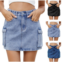 Jeansrock, Jeansröcke für Damen, Klassischer Jeansrock mit Taschen, Schwarz, Größe S