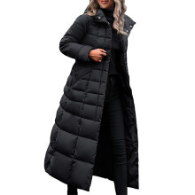 Lang, pufærmet vinterfrakke til kvinder - Quiltet vandtæt hættetrøje med dun - plus size varm parka med knapper og maxilængde - sort, XXXL