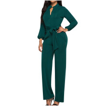 Macacão feminino casual liso, sexy, com decote em V profundo e cinto, comprimento reto, tamanho grande, em promoção.