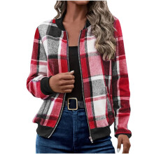 Jaqueta feminina de flanela com zíper, modelo xadrez, manga longa, com bolso, da moda outono/inverno, tamanho XXL.