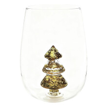 Kerstwijnglas zonder steel met kristallen glitter in de vorm van een boom (1 stuk)