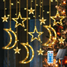 138LED Solar String Lights with Remote, USB Rechargeable, 8 Modes, Waterproof, Star & Moon Design – Compatible with Outdoor Use