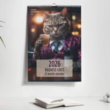 Ημερολόγιο τοίχου Badass Cats2026 - 12 σχέδια αιλουροειδών, χάρτινο υλικό 28x22cm, ελαφρύ 194g,