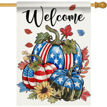 Pompoen herfst Memorial Day huisvlag, herfst Veteranendag buitendecoratie, USA 4th of July & Thanksgiving tuinvlag (28x40)