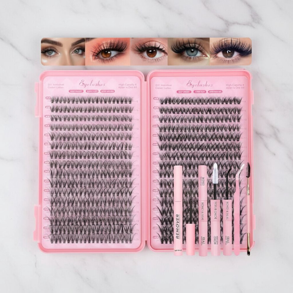 Lash Clusters Kit, 640 Pcs 9-16mm Fluffy Individual Lashes 30D-60D D-Curl with Thin Band & Tools (30D+40D Kit)