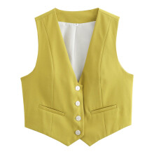 YOUSNH Damen Cropped Anzugweste, elegante V-Ausschnitt-Jacke mit Knopfleiste, Gelb, Größe L