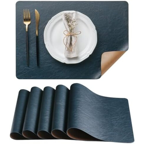 6 Pack Reversible Faux Leather Placemats Camel Navy