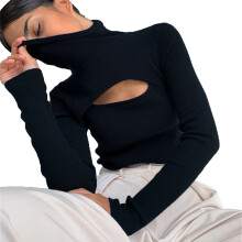 YOUSNH Haut sexy uni style années 2000, col roulé, manches longues, noir, taille S