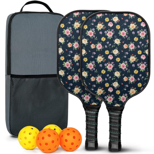 Σετ κουπιών Pickleball από fiberglass με λουλούδια και 2 μπάλες και τσάντα – Συμβατό με