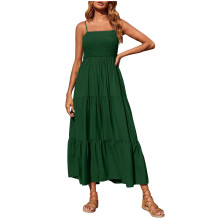 Sommerliches Maxikleid für Damen, ärmelloses, grünes Strandkleid im Boho-Stil mit Spaghettiträgern, gerafftem Stufenrock und Raffungen – A/XL,