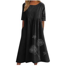 Rochie de vară economică! Rochii pentru femei, mărime mare, primăvară, cu guler rotund, imprimare, bumbac, in, casual, mânecă scurtă, negru