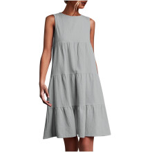 Rochie de vară QLEICOM, rochii casual mărime mare, rochie de vacanță solidă cu guler rotund, fără mâneci, petrecere, plajă, rochie de