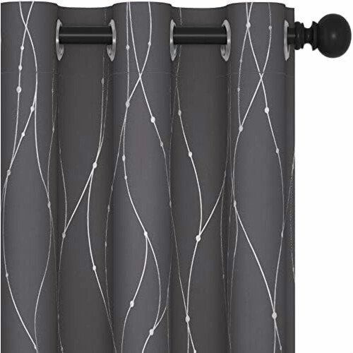 Grey Blackout Curtains with Silver Foil Wave Dots, 38x36
